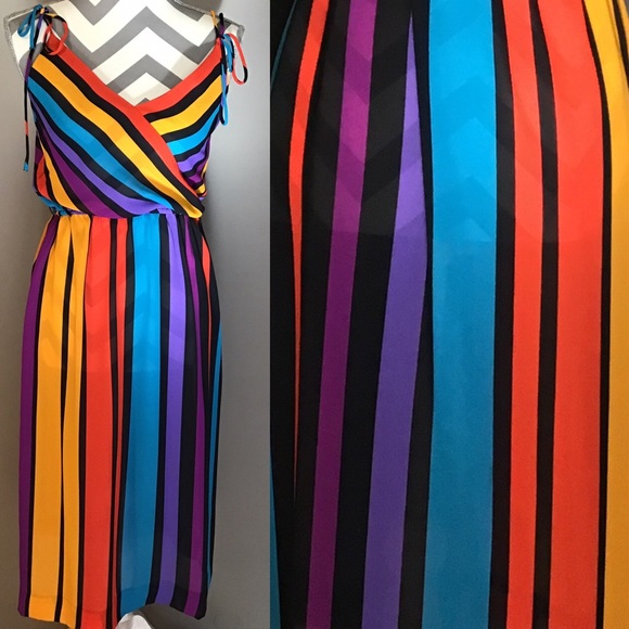 Vintage Dresses & Skirts - Vintage 1980’s Sleeveless Rainbow Stripe Dress